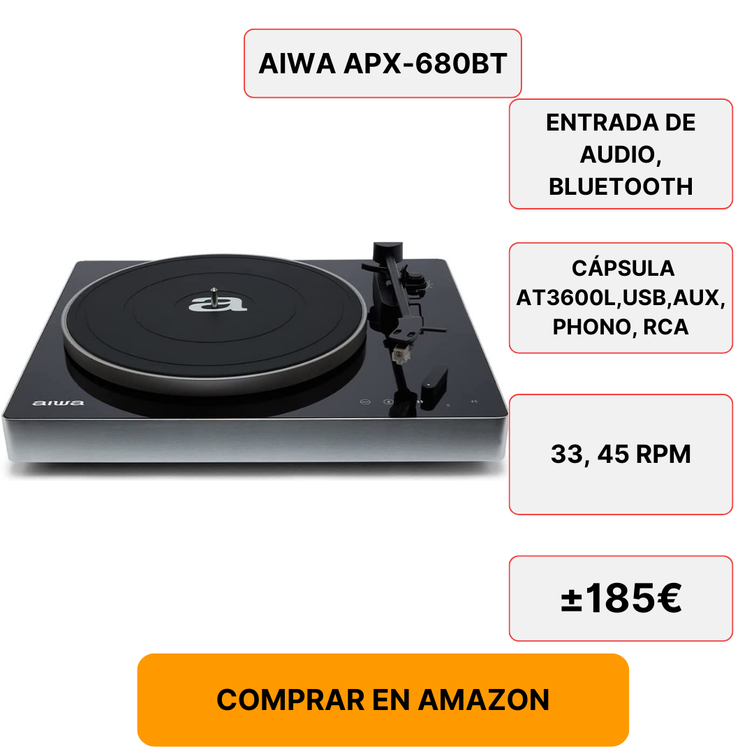 Aiwa-APX-680BT Tocadiscos-Bluetooth, 2-velocidades-33-45-RPM, Cápsula-de-Aluminio-magnética, Brazo-balanceado. Color-Negro